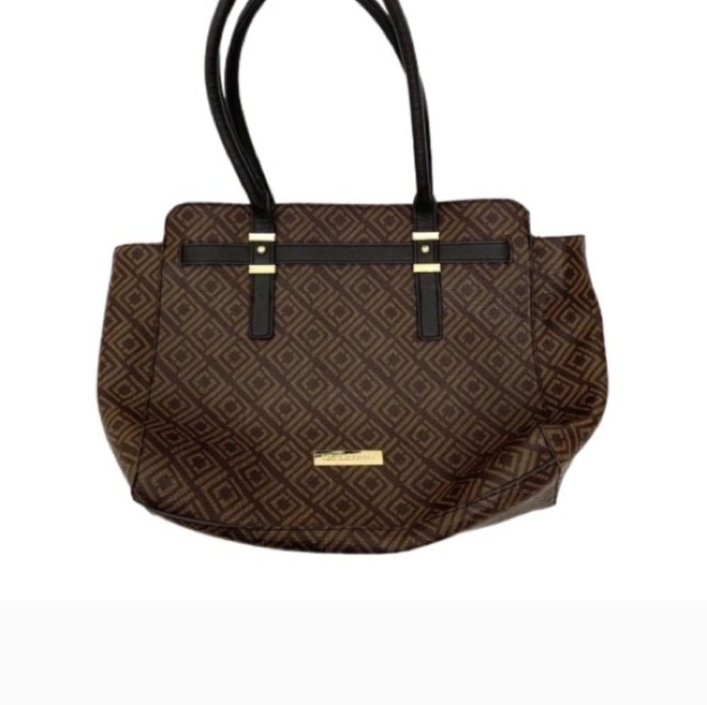 Liz Claiborne Geometric Print Brown Faux Leather Tote Satchel Shoulder Purse